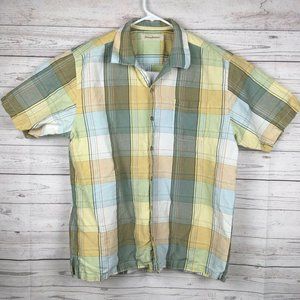 Tommy Bahama Shirt sz Large Short Sleeve Linen Silk Blend Button Up Plaid Yellow